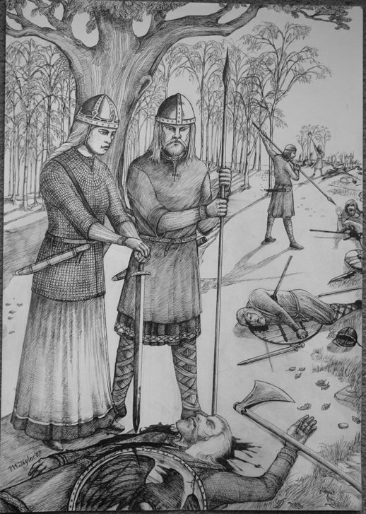  Blood from the veins of Alfred. Æthelflaeda (Ethelfleada) the Mercian (Middle Anglian) English warrior Princess stands over a dead Viking. Artist: Mark Taylor  